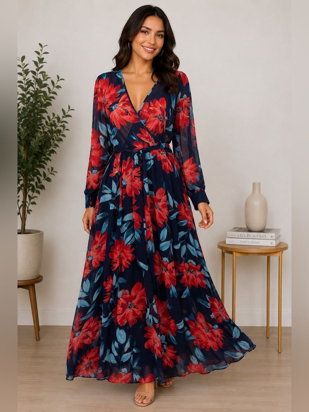 Alexa B Nite Floral Maxi Dress Size 12 Navy Red Blue